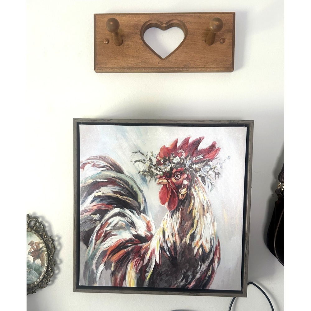 Framed Rooster Wall Art Farmhouse Country Decor Brown Box Frame 13x13 - Picture 2 of 5